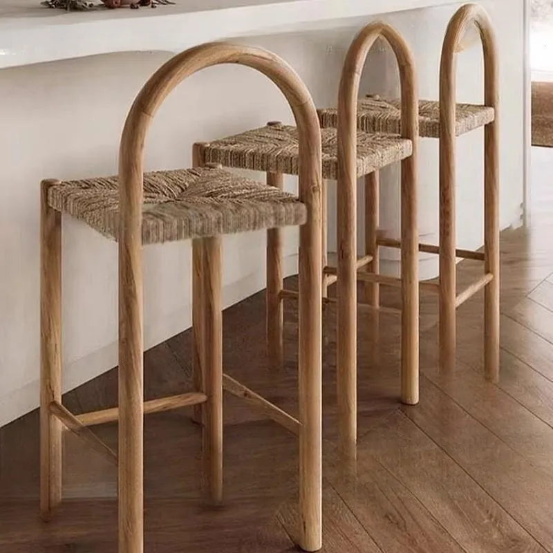 Medieval style designer rattan solid wood bar chair simple island dining chair home high stool surprise wind rattan chair