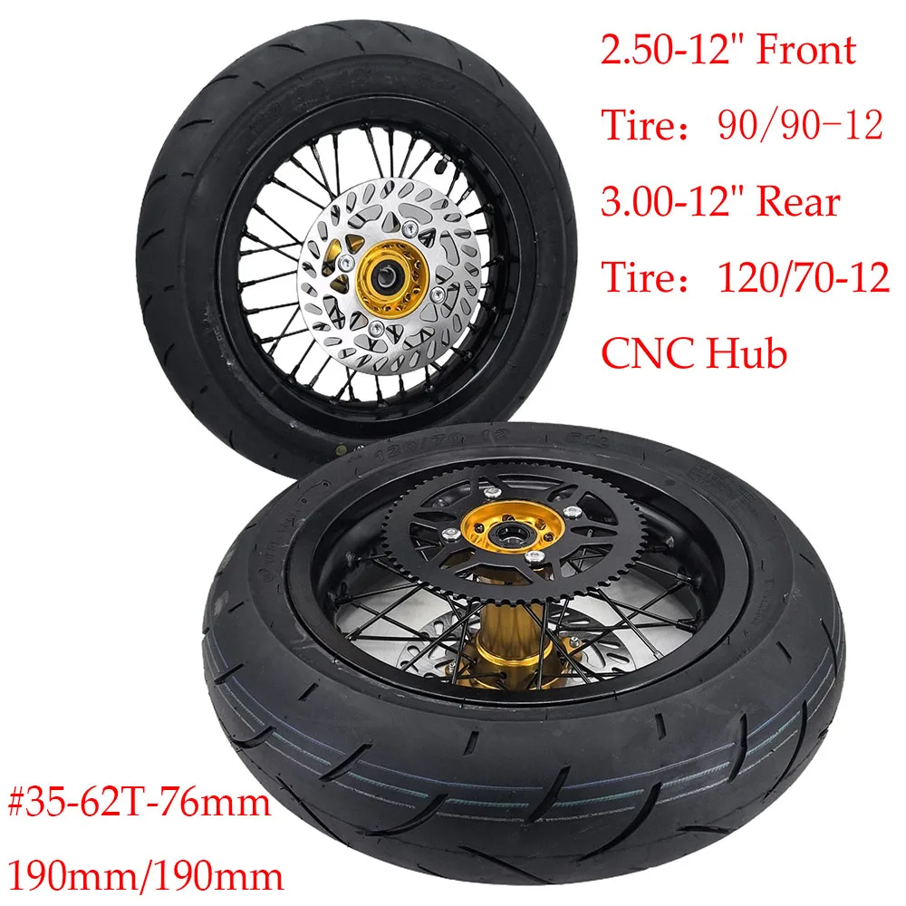 

12-inch super motor wheels 2.50-12 front rims with 90/90-12 road tires and 3.00-12-inch rear wheels 120/70-12 CNC aluminum wheel