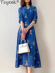 Tcyeek 100% Mulberry Silk Maxi Dresses for Women Clothing Chic and Elegant Woman Dress 2024 Print Spring Summer Dresses Lace-up