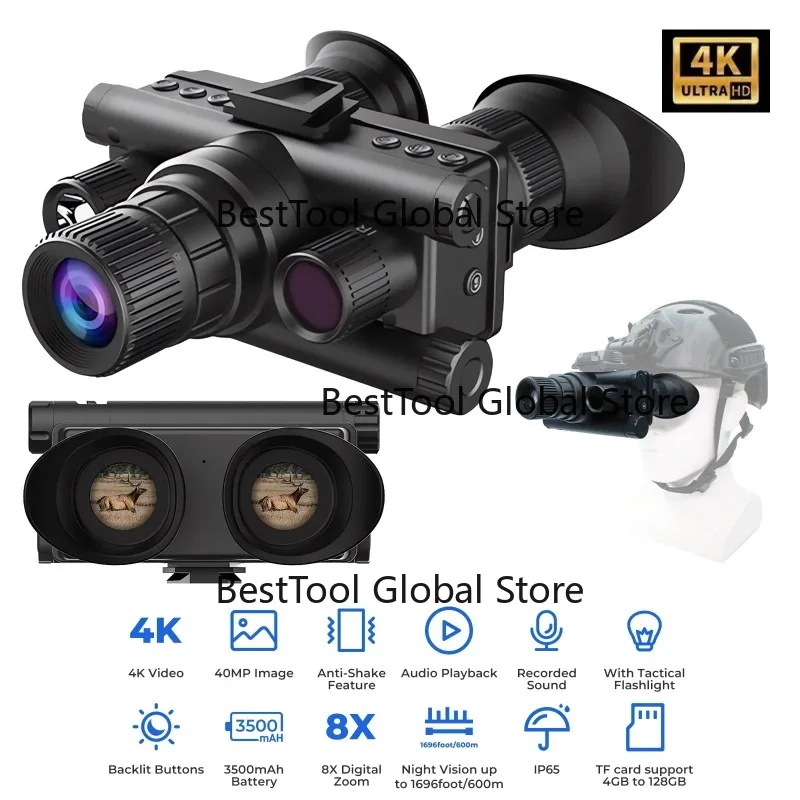 4K Digital Night Vision Goggles 8X Zoom 600M Head Mounted Helmet Binoculars Tactical Hunting Night Vision with Flashlight