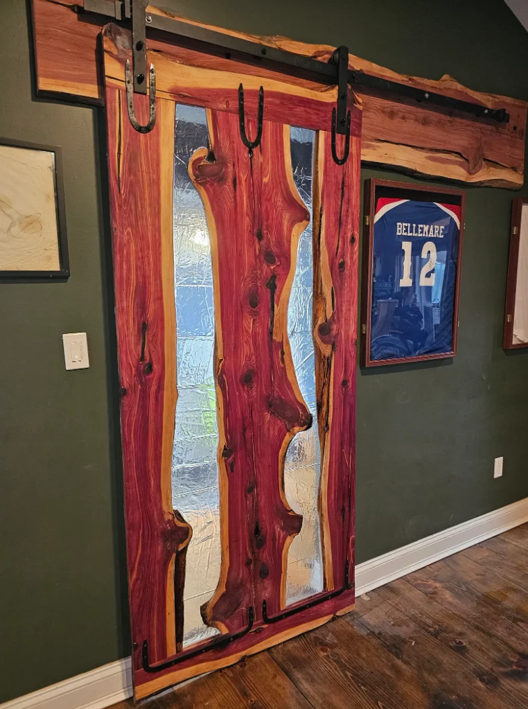 Custom Handmade Rustic Interior Door Live Edge Cedar Wood & Glass Sliding Barn Door with Epoxy Finish