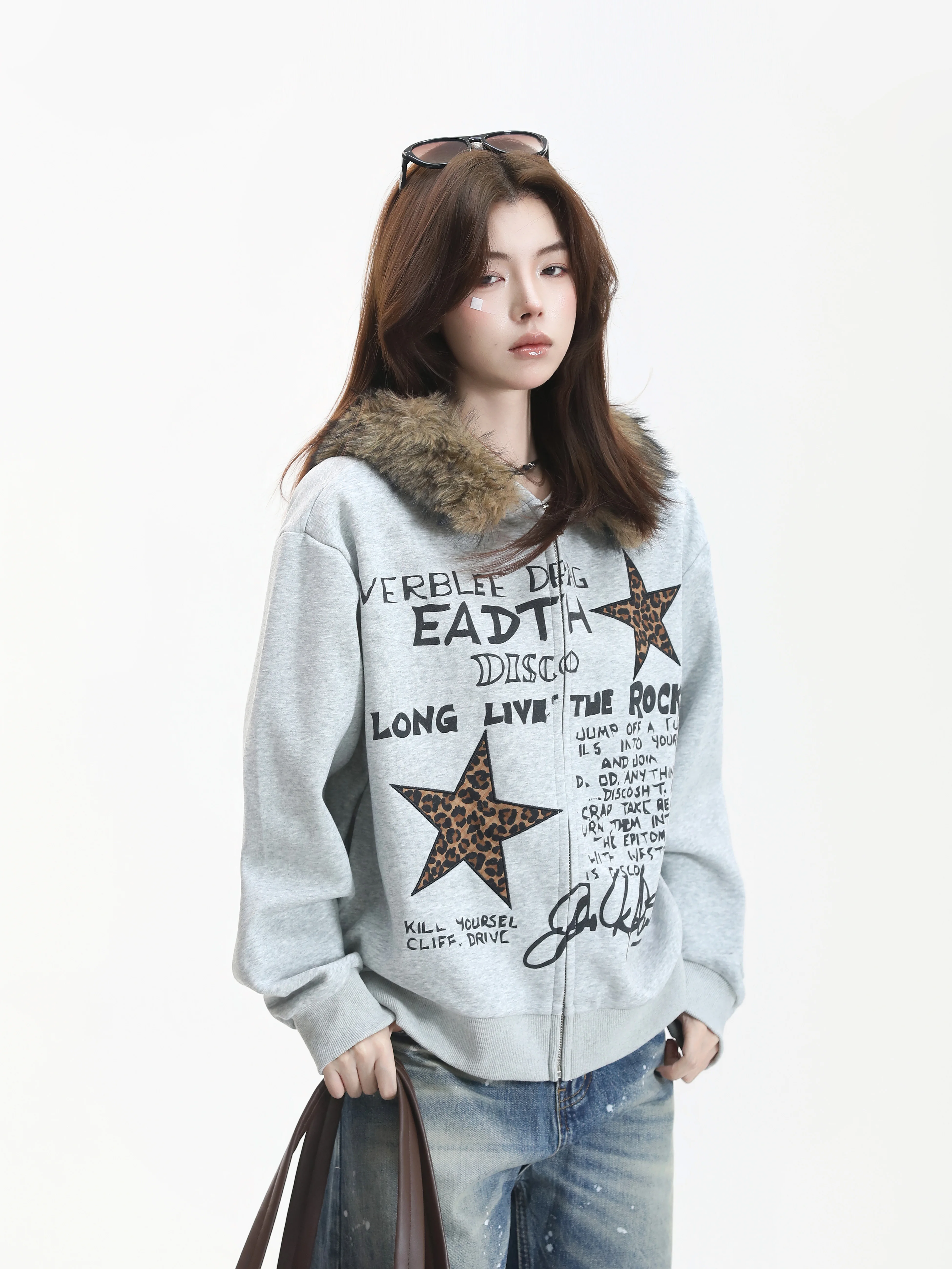 American Style Loose Fit Zipper Hooded Jacket with Fur Collar for Men And Women Retro Patterned Sweatshirt Cardigan