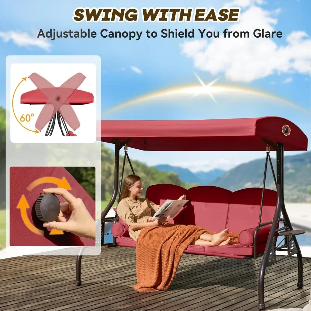 3 in 1 Outdoor Porch Swing with Adjustable Canopy, 3 Seat Outdoor Swing for Adults, Patio Swing Chair with Thickened Cushions