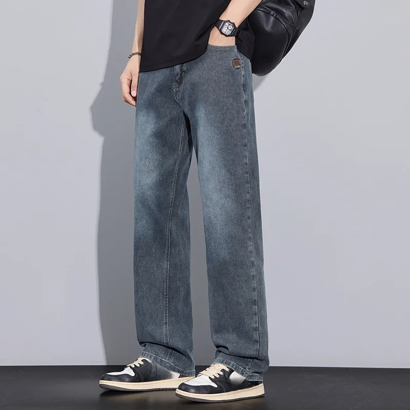 

New Arrival American Vintage Wide Leg Elastic Denim Pants for Men Loose Straight Fit Flowy Versatile Casual Pants
