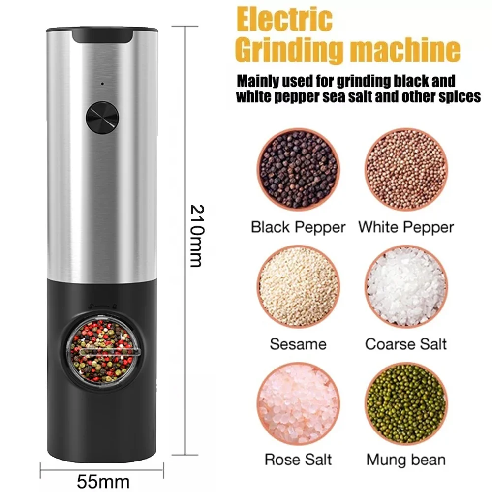 Electric Salt Pepper Grinder Kitchen Portable Wireless Stainless Steel Salt Pepper Grinder Spice Mill with Adjustable Coarseness