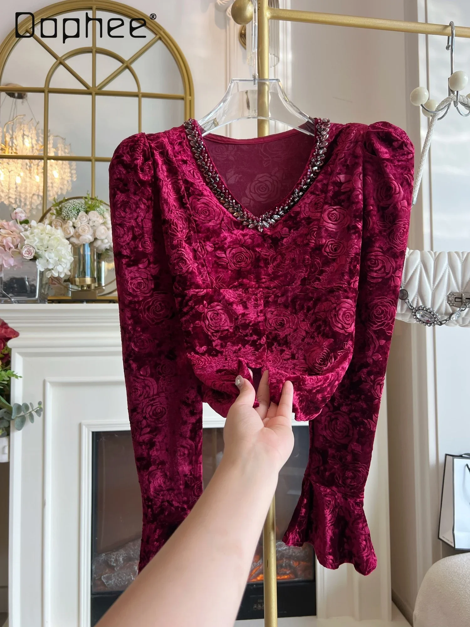 

Velvet Beading Blouse Floral Print Wome Autumn Slim V-neck Long Flared Sleeve Split Diamond Short Bottoming Shirt Solid Elegant