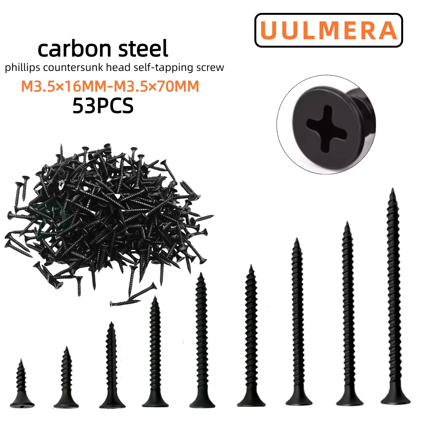 53pcs Black Carbon Steel Self Tapping Screw M3.5×16mm- M3.5×70mm Cross Conuntersunk Flat Head Self-tapping Screw