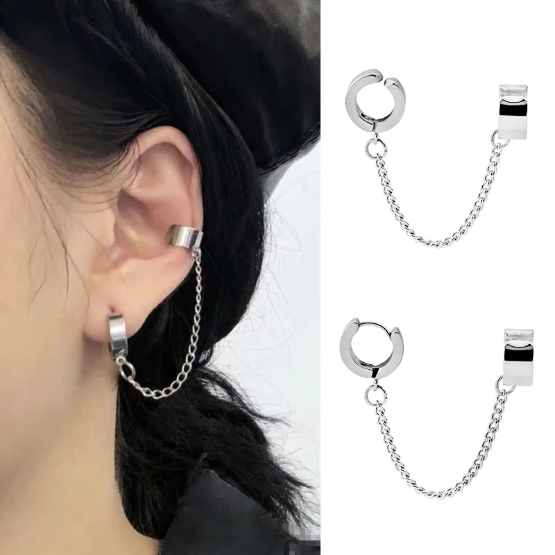 

1pc Stainless Steel Painless Clip Earrings for Men Women Silver Color Hoop Ear Cuff with Chain Non Piercing Fake Earring Jewelry