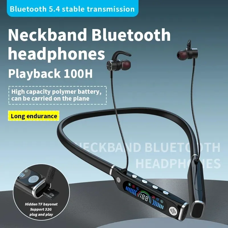 Auriculares ENC deportivos de reproducción Extra larga con micrófono, auriculares deportivos para colgar en el cuello, auriculares estéreo para correr con pantalla Lcd