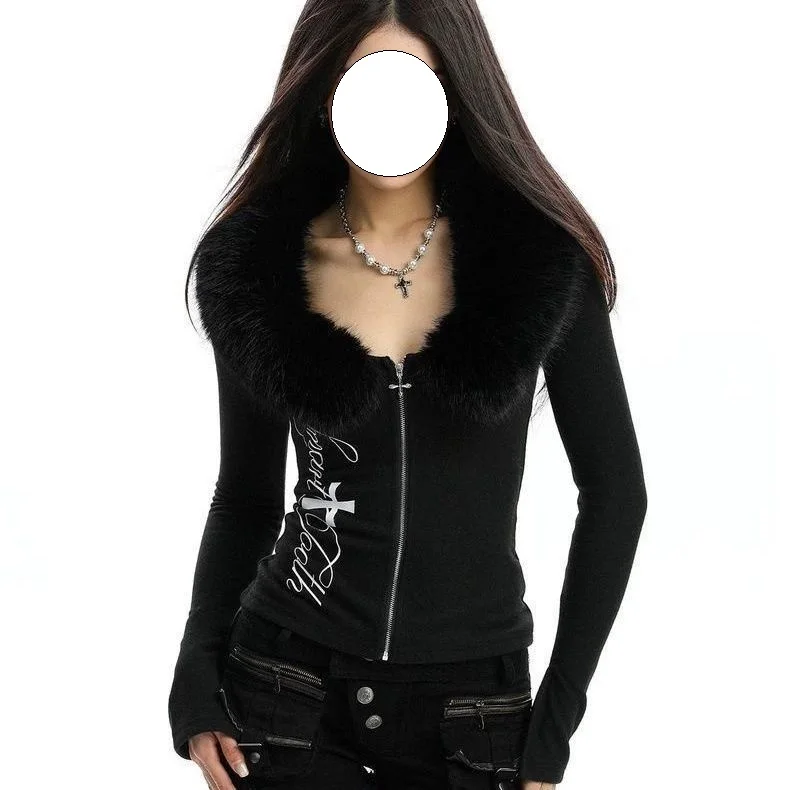 

Punk Style Long Sleeve T-Shirt Women's Zipper Hooded Jacket Slim Fit Splice Collar Autumn Fashion Casual Streetwear Top