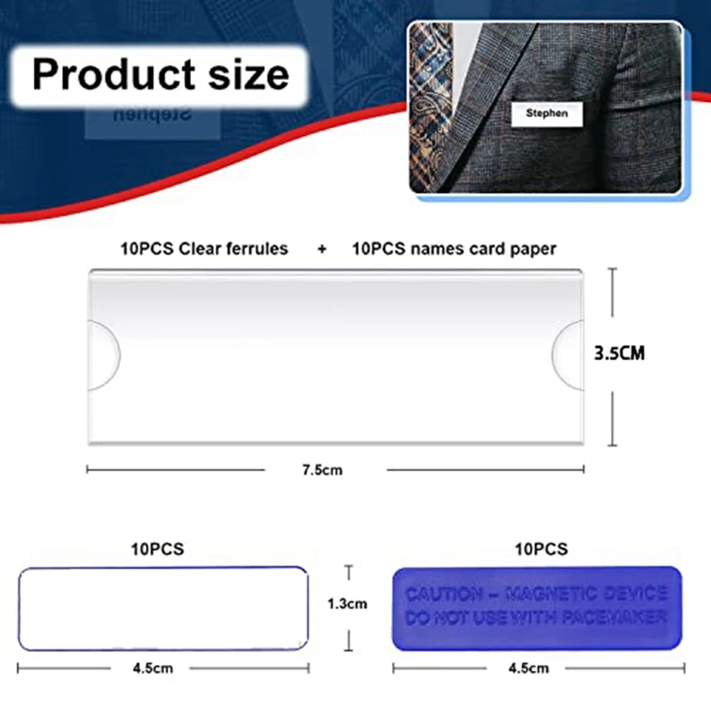 Kit de etiquetas magnéticas con 3 imanes fuertes, etiqueta de nombre comercial/insignia de identificación, juego de 10