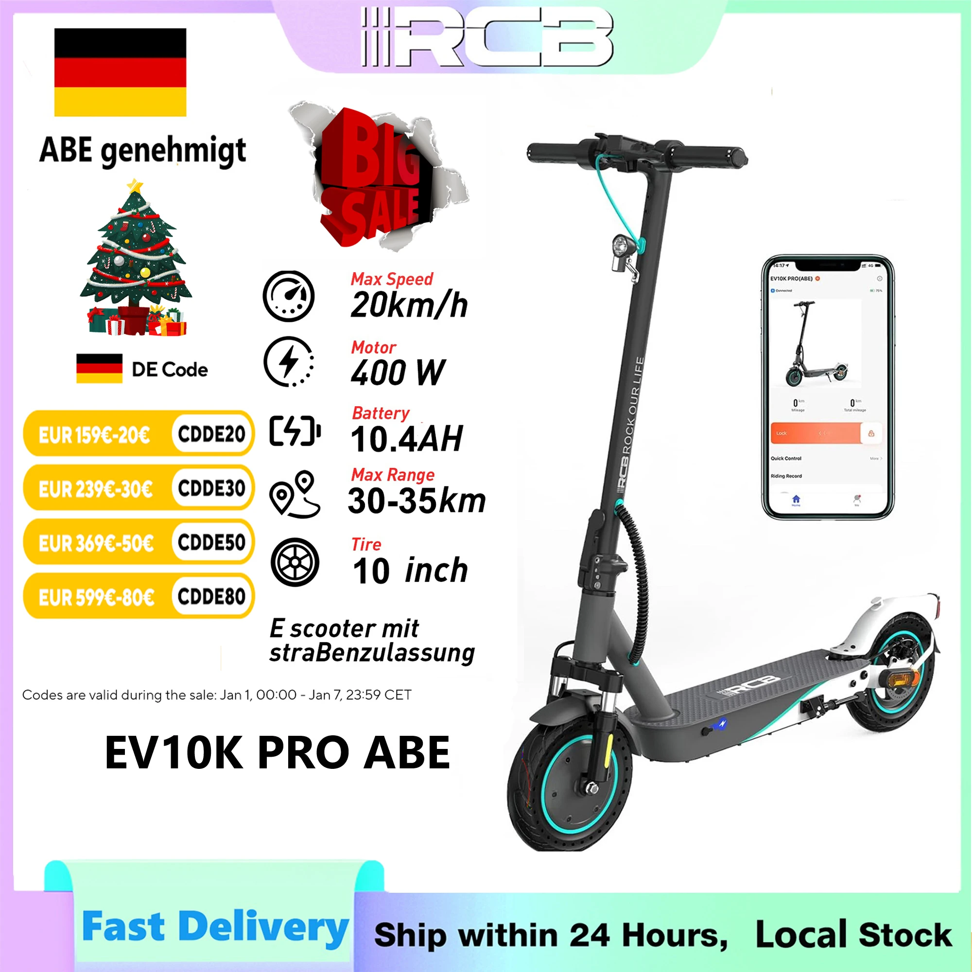 RCB EV10K PRO ABE Electric Scooter App Control, 10'' Foldable 400W Electric Scooter Adults, E-Scooter with Dual shock absorbers