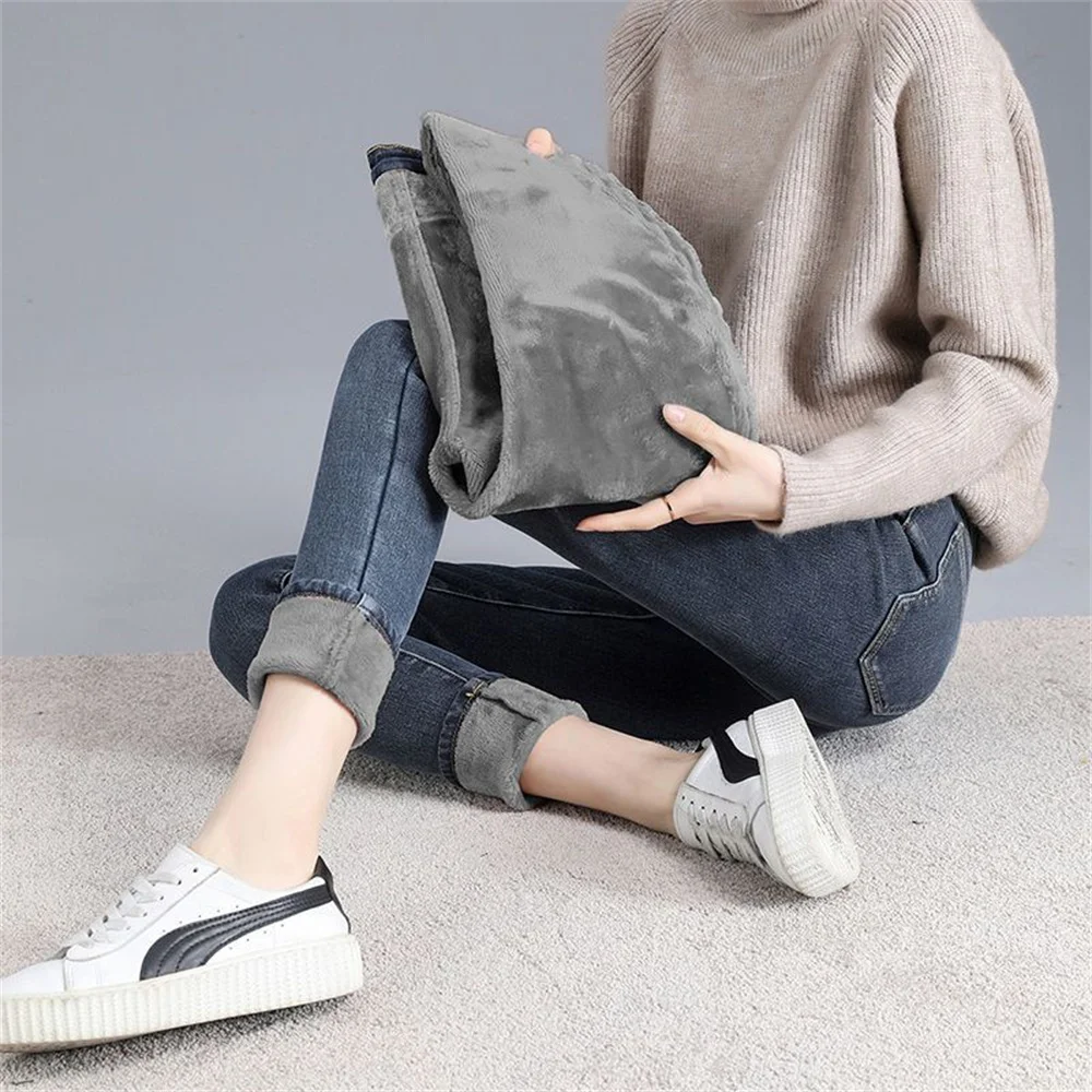 Winter Mid Waist Skinny Warm Jeans Women Plus Velvet Ankle Length Casual Thick Pencil Pants women clothing Fleece Denim Trousers