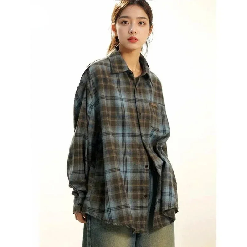 DAYIFUN-Girl's Blue and Brown Plaid Shirt,American Autumn Casual Loose High Street Tops,Long Sleeves,Lapel Collar,Vintage Blusas