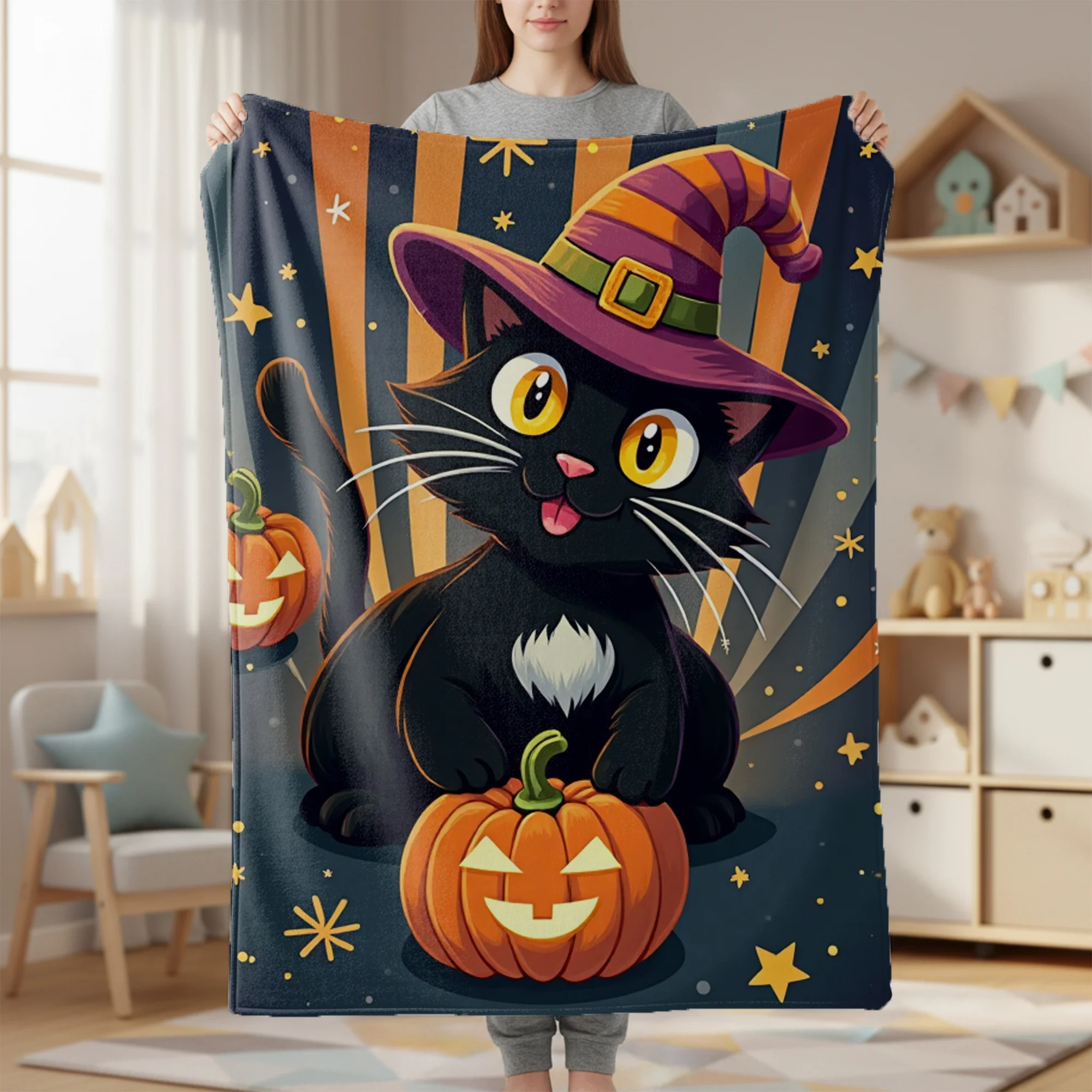 Whimsical Halloween Cat Flannel Blanket with Witch Hat And Jack-O'-Lanterns, Soft Warm Throw Featuring Orange And Blue Striped Background, Durable Machine Washable Home Decor for Autumn Festivities And Cozy Gifts