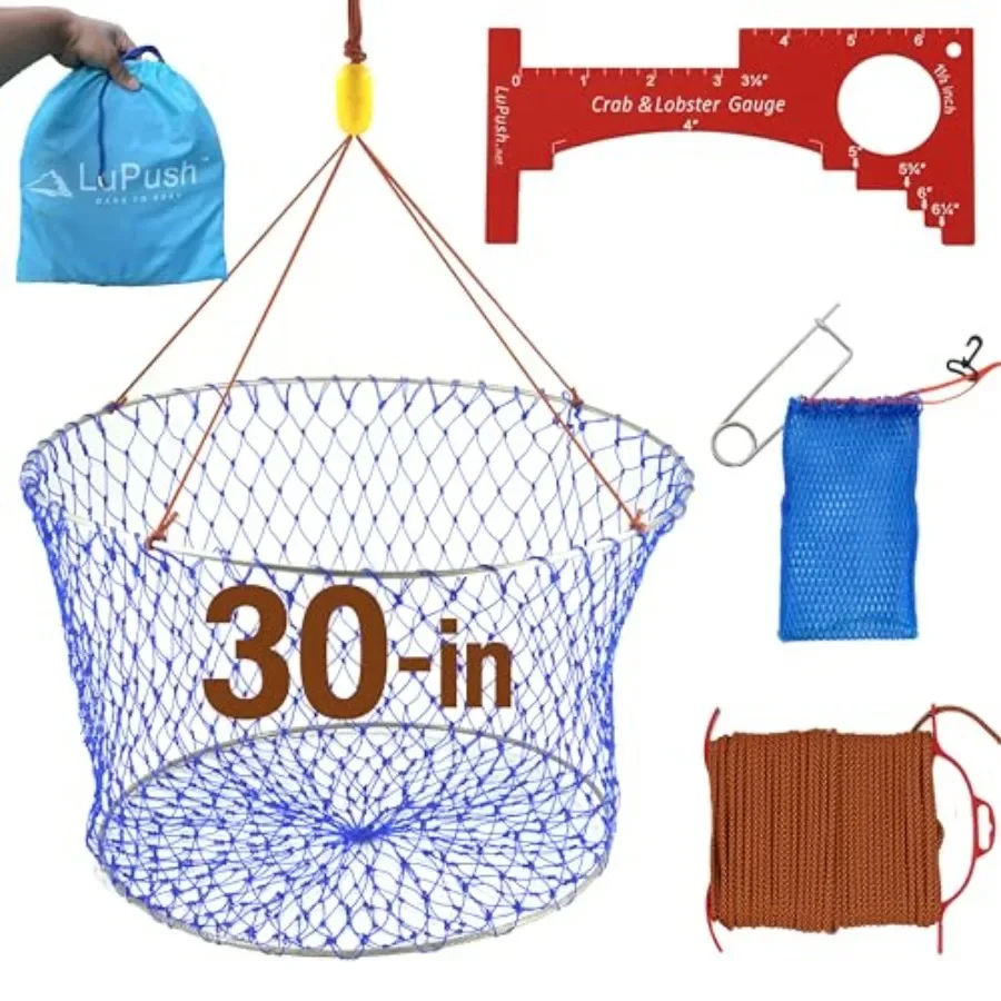 

Dock pier crabbing: stainless steel collapsible crab net with 100ft rope, bait bag, clip ruler 6-piece portable trap in silver,