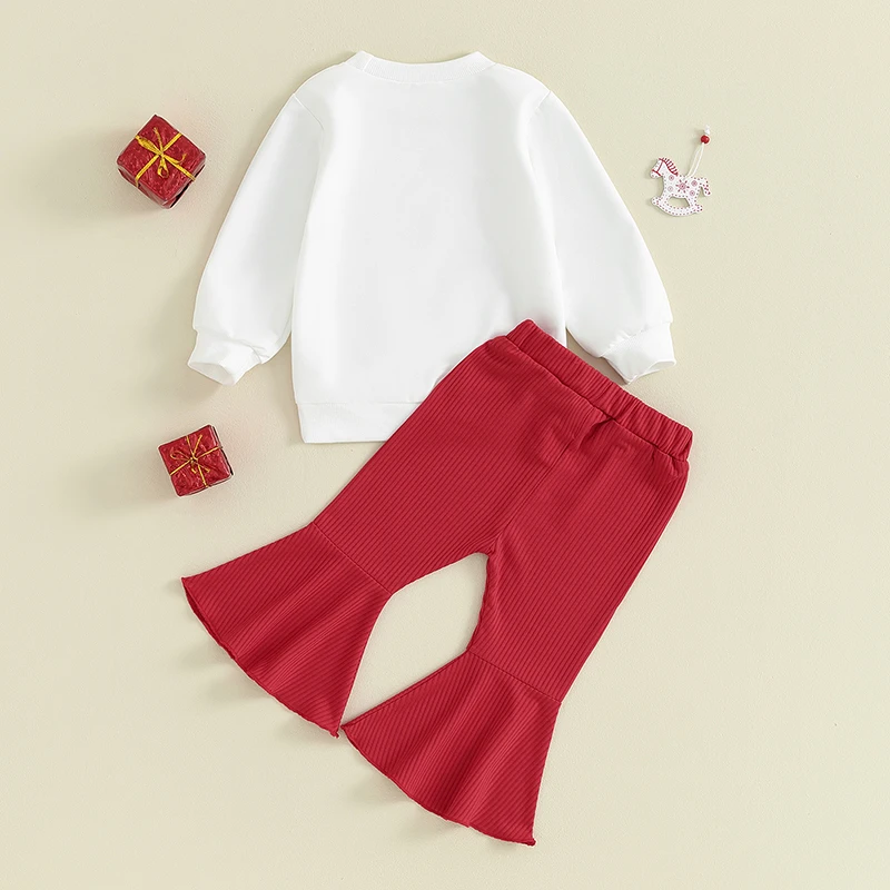 

Girls Christmas Outfit Cute Long Sleeve Sweatshirt with Flare Pants Set Featuring Letters Print Design for Kids
