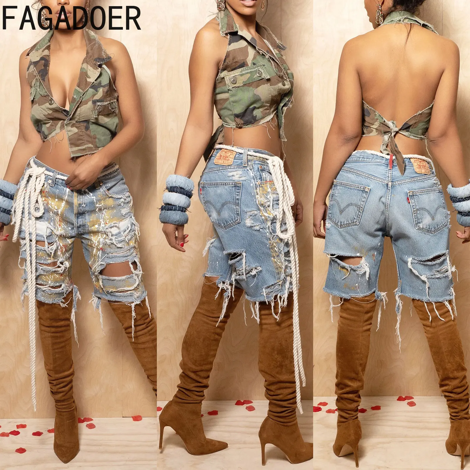 FAGADOER-Pantalon imprimé à trous pour femme, streetwear décontracté, taille haute, bouton, jean droit, été, style Harajuku