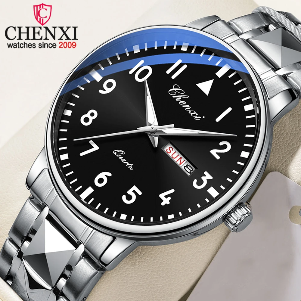 CHENXI Men New Stainless Steel Top Quality Luxury Sport Watch Push Button Hidden Clasp Waterproof Luminous Date Week Wristwatch
