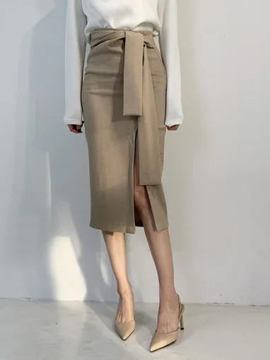 Gonna longuette a vita alta Ele da donna Faionable Versatile f-lunghezza Primavera Semplice Chic Gonna snellente con cintura con cravatta laterale