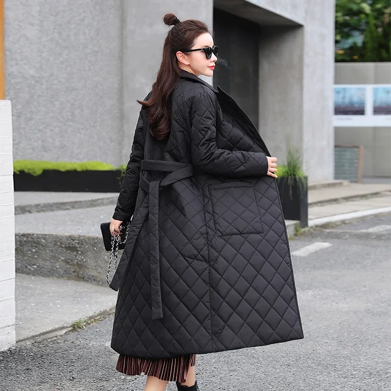 Woman Jacket Parkas X-long Belted Space Cotton 2024 New Diamond Plaid Coat Down Women's Over The Knee Winter Clothing Warm Coats