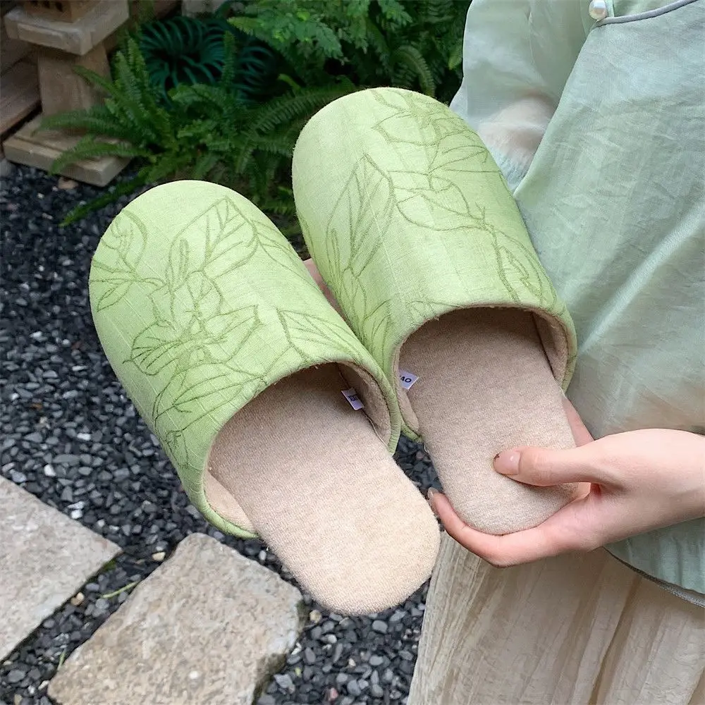 

Chinese style concise slippers women waterproof flat mules 2024 new wide toe ladies bedroom fur slides woman leaf floor slippers