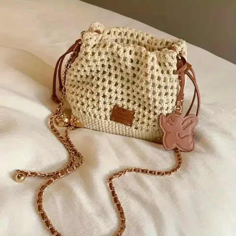 Women Chic Summer Beige Knit Crossbody Bag with Adjustable Strap Single Shoulder Purse, Versatile Handbag with Polyester Lining