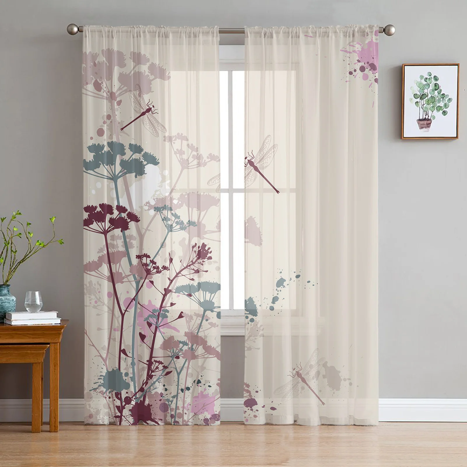 Watercolor Flowers Dragonfly Art Tulle Curtains for Living Room Bedroom Decor Transparent Chiffon Sheer Voile Window Curtain