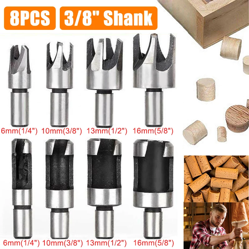 

8pcs 3/8 Inch Shank Wood Plug Hole Cutter Wooden Dowel Cutting Drill Bits with Wood Case