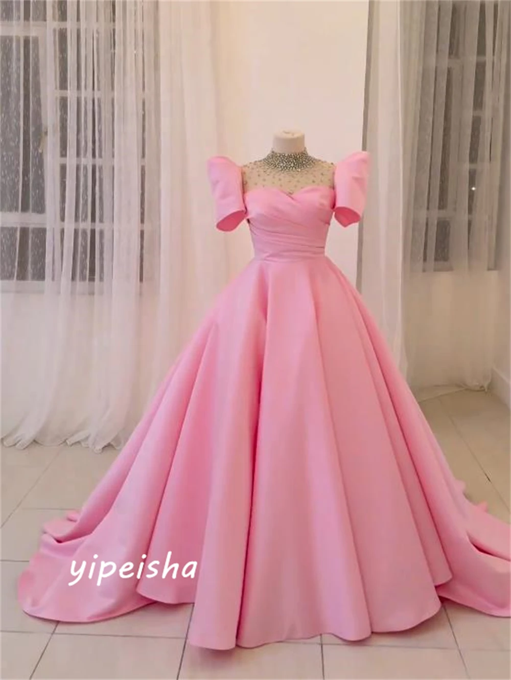 Customized Elegant Women High Collar Ball Gown Quinceanera Shirred Beading Floor Length Charmeuse Evening Vestido