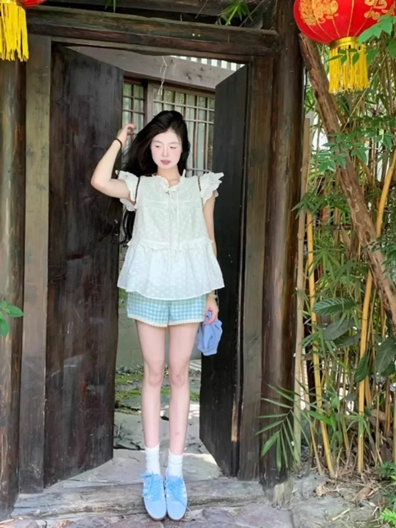 Koreanische süße Schnür hemd Plaid Shorts zweiteilige Set Frauen fliegende Ärmel Spitze Spleiß College sanfte Sommer lässig schicke Kleidung