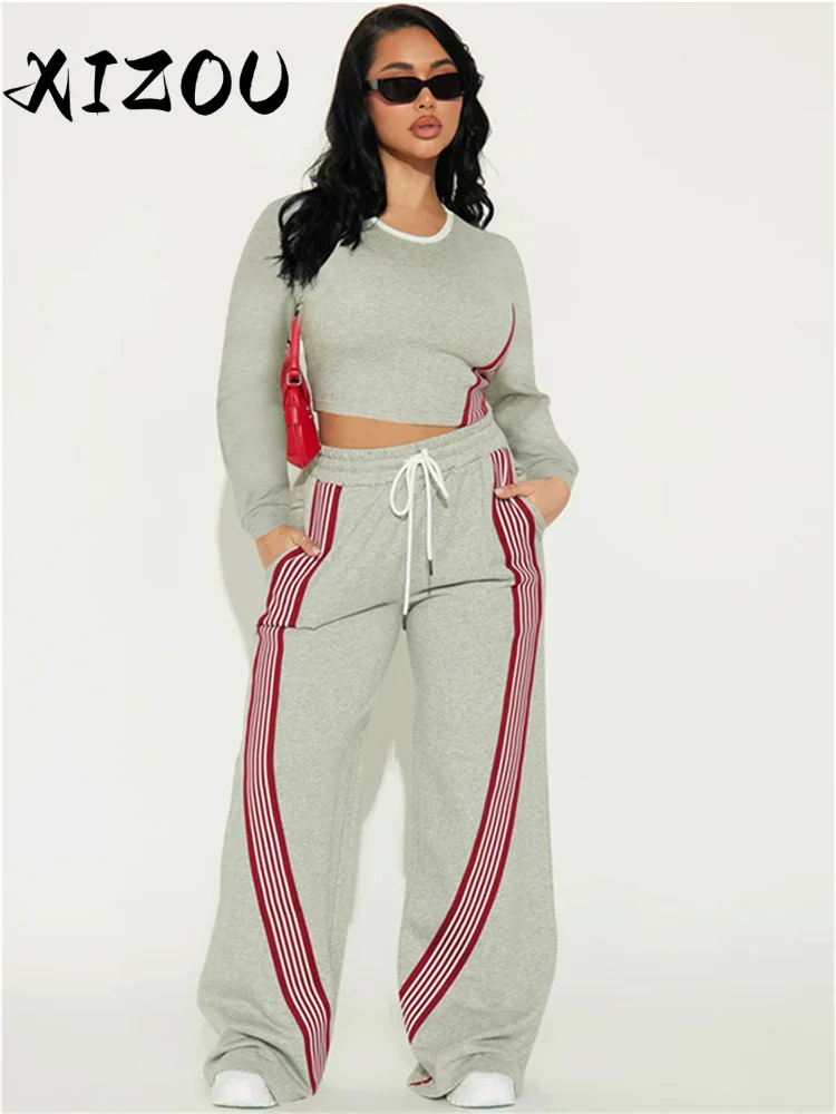 

XIZOU дизайн в контрастную полоску, комплект из 2 предметов, женские укороченные топы с круглым вырезом и длинными рукавами + длинные брюки на шнурке, повседневные костюмы в спортивном стиле