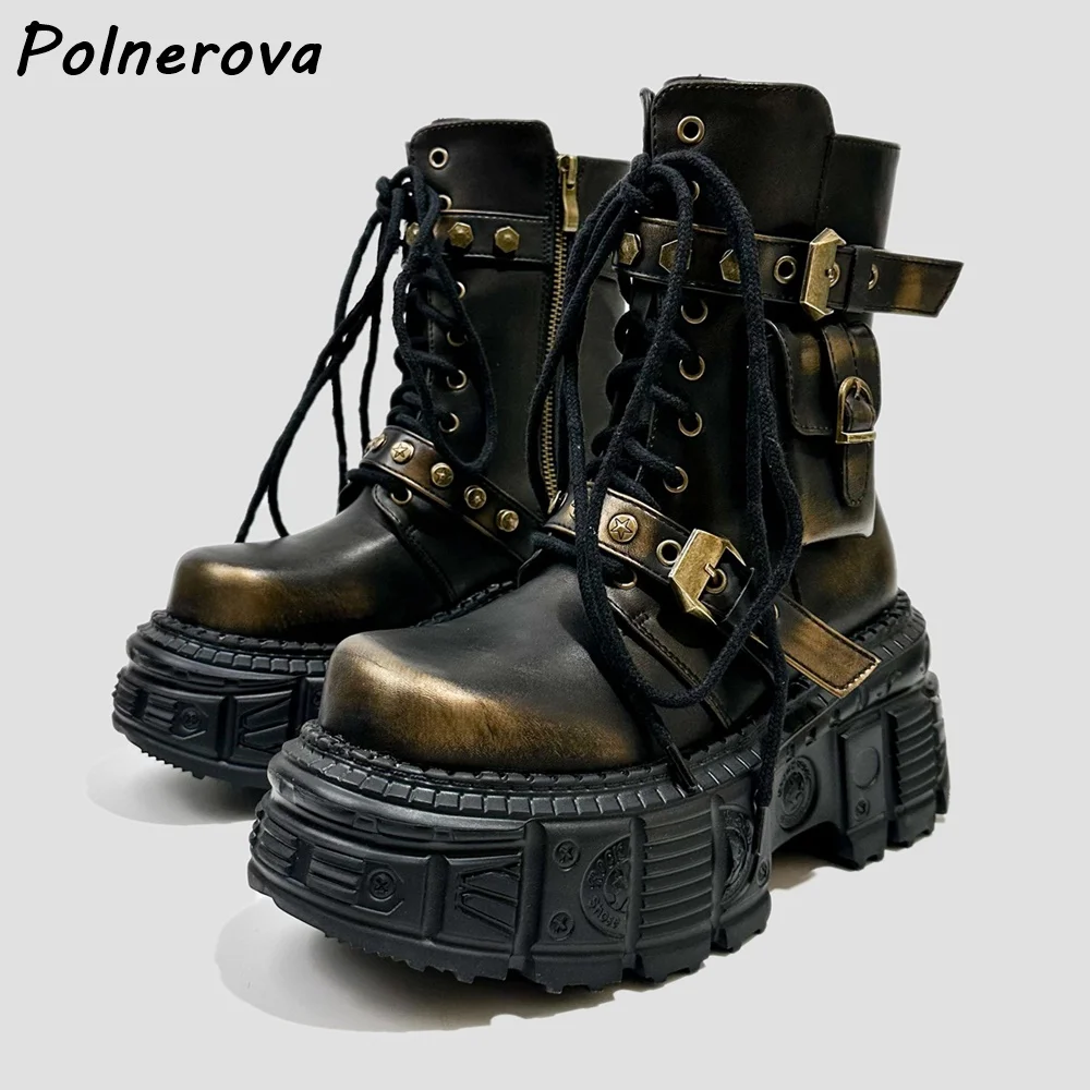 

Retro Rivet Thick Soled Knight Boots Patchwork Platform Cross Tied Belt Round Toe Tank Ankle Boots High Increase Fashion Shoes