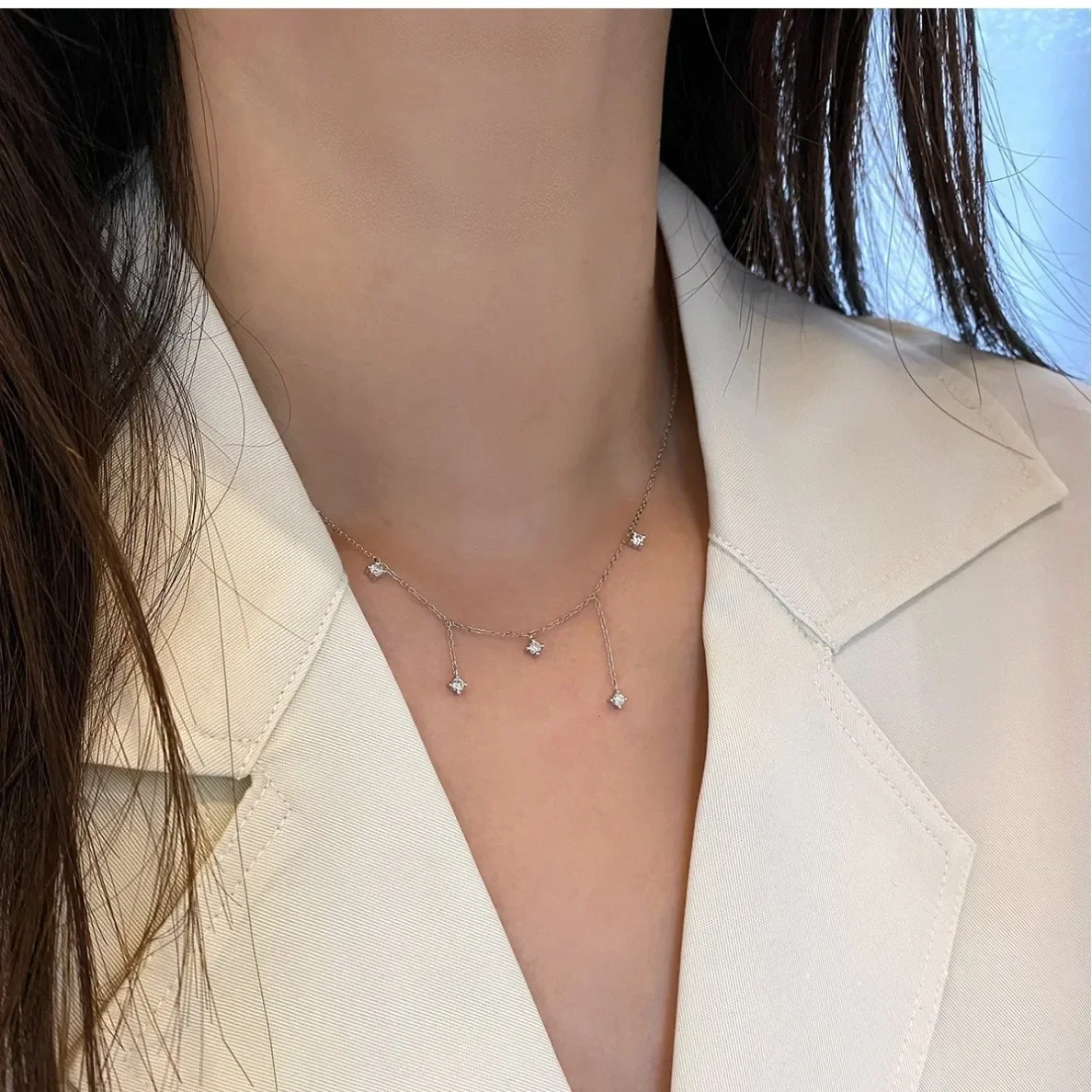 925 Sterling Silver Geometric Pendant Necklace with Inlaid Zircon Stones Featuring Starry Sky Compass Motif on Delicate Cross Ch