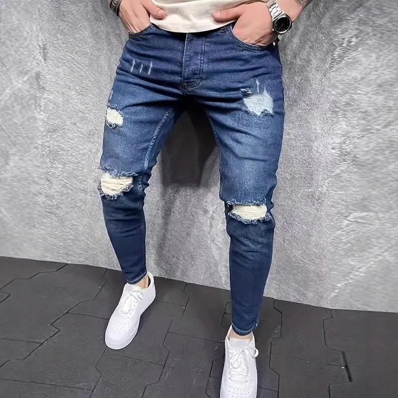 

Мужские узкие эластичные рваные джинсы, винтажные потертые джинсовые брюки, облегающие зауженные брюки-карандаш, уличная мода, повседневные брюки