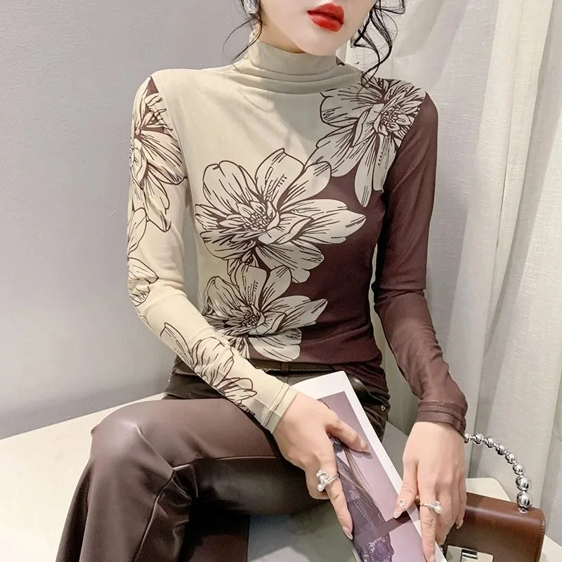 

Women's Autumn and Winter Fashionable Long-sleeved Turtleneck Mesh T-shirt Women's Printed Pullover Top