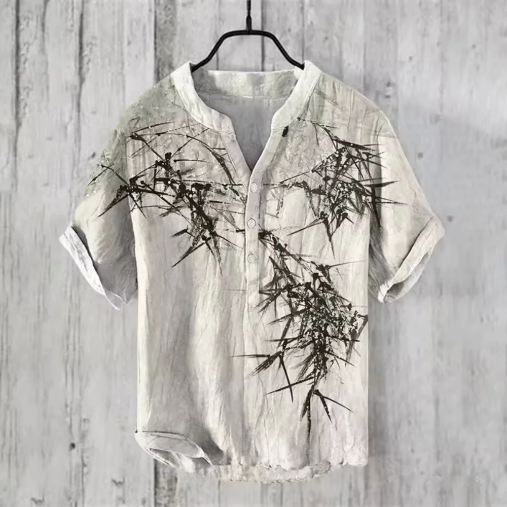 

Fashionable new men's shirt 3D printed bamboo leaf design pattern men's button up collar short sleeved linen casual breathable s