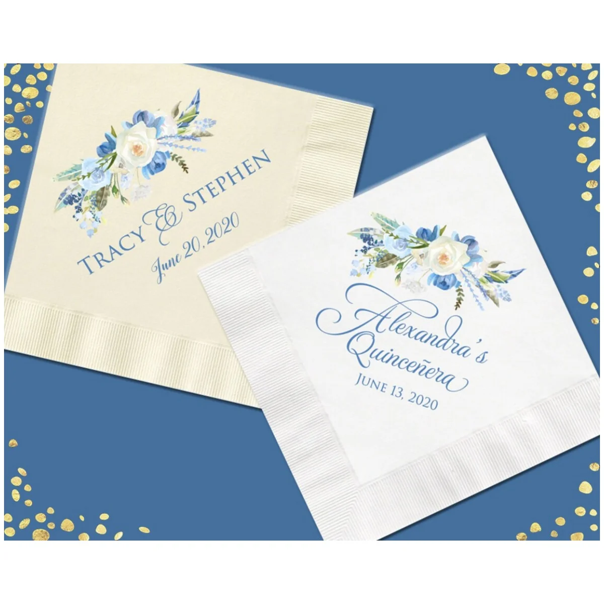 Dusty Blue Floral Personalized Cocktail Napkins, Quinceañera, Wedding, Baby or Bridal Shower, Birthday Napkins, Blue Cream Bever