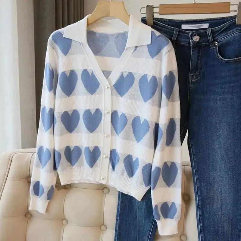 Vintage หลวม Love V คอถักเสื้อสเวตเตอร์ถักผู้หญิงฤดูใบไม้ร่วงหวานปุ่มเสื้อแขนยาวแฟชั่น All-match เสื้อถัก Tops
