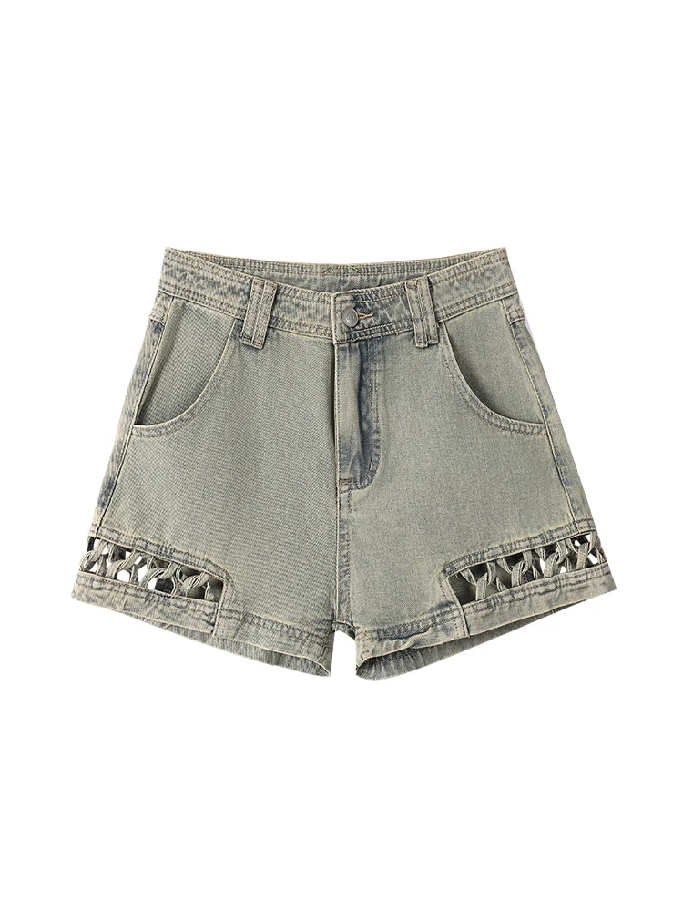 Women Hollow Out Denim Shorts 90s Aesthetic Streetwear 2000s Jeans Shorts Vintage Y2k Cowboy Short Pants Harajuku Clothes Summer