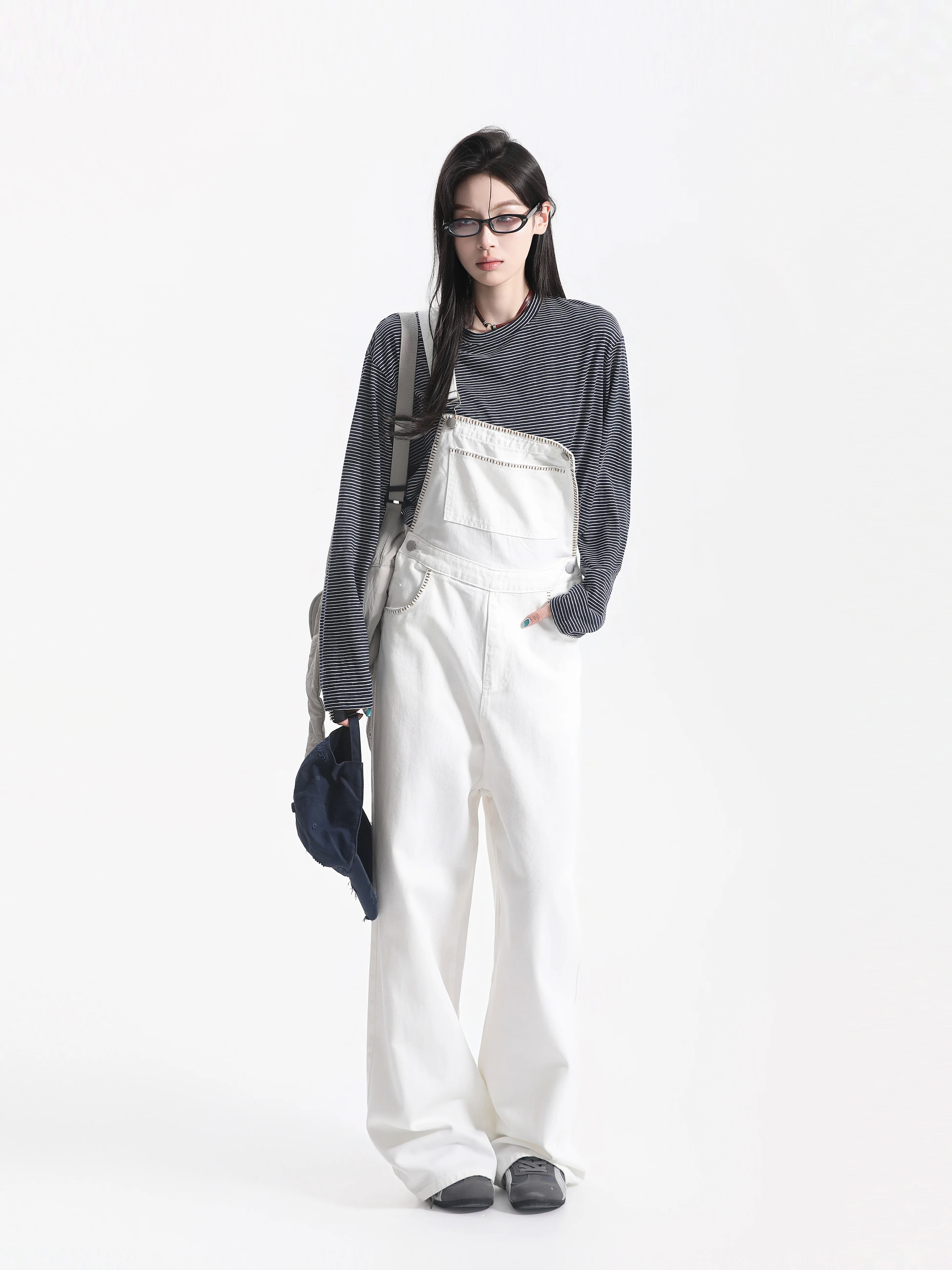 Korean Style Embroidered Line Design Sensation Lazy Style Overalls Women's Jeans Wide Leg Pants Natural Waist Zipper Closure