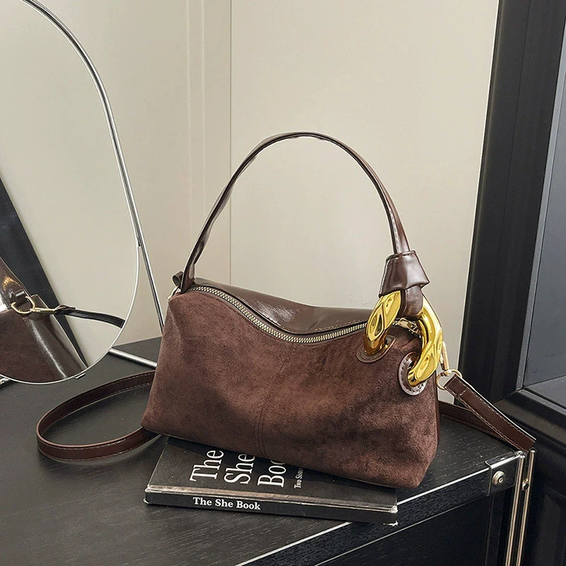 Grey Brown Soft Matte Suede Leather Women's Handbag Shoulder Bag Simple Autumn Winter Collection Roomy Big Boston Tote