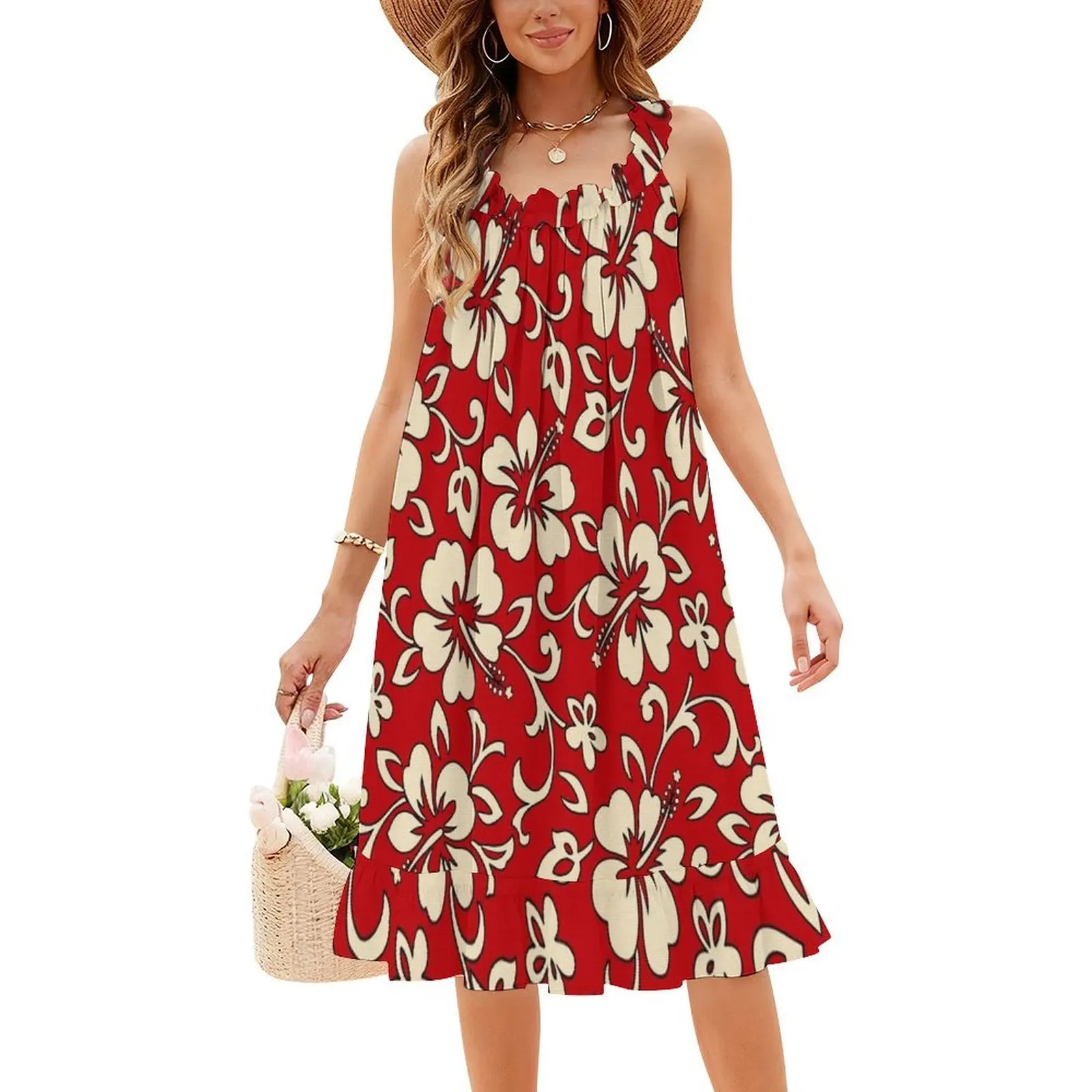 ماليا هاواي الكركديه قميص طباعة الأحمر فستان بفتحة عنق على شكل قلب أنيق الصيف فستان الحفلات للنساء الكركديه الأزهار هاواي #4