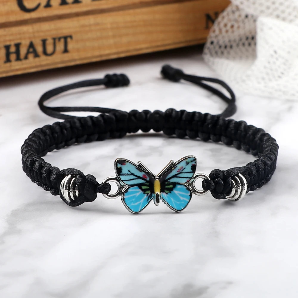 Handmade Geflochtene String Armband Für Frauen Blau Schmetterling Anhänger Einstellbare Charm Armbänder & Armreifen Mode Mädchen Schmuck Geschenke