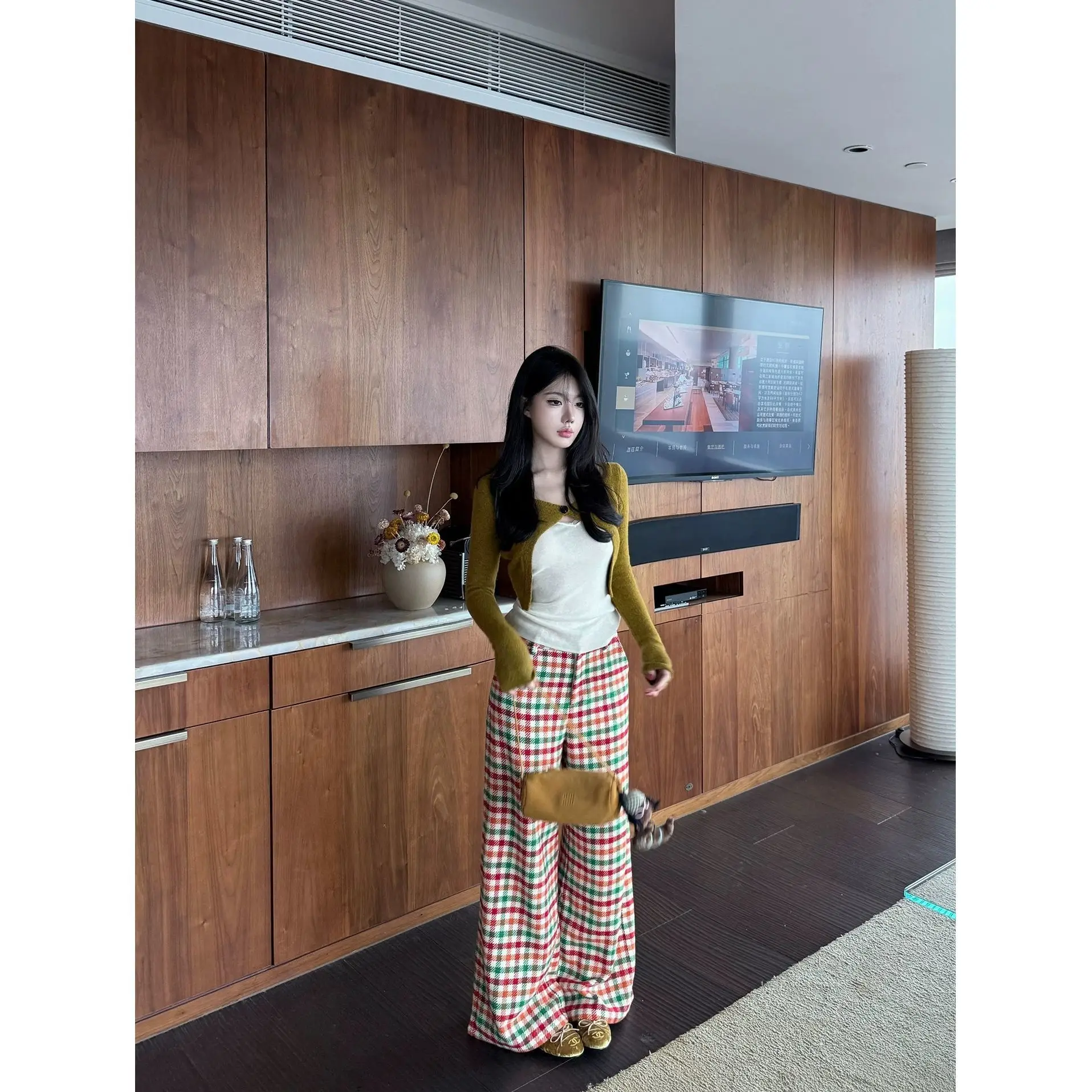 

Plaid Wide Leg Pants Women's Retro High Waist Straight Pants Season Thick Pants