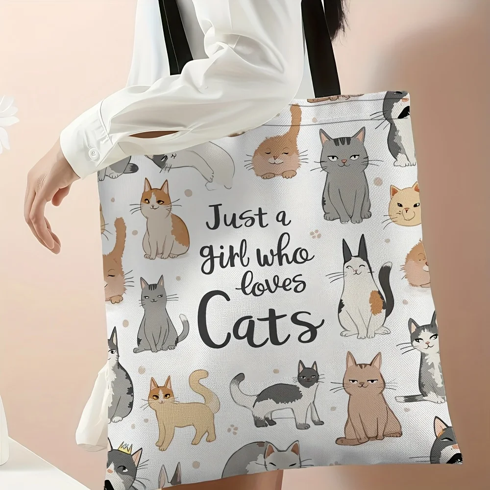 1pc Just a Who Loves Cats Tote Bag Large Cat Print Handbag with Kitten Durable for School Travel Shopping Ladies Pouch