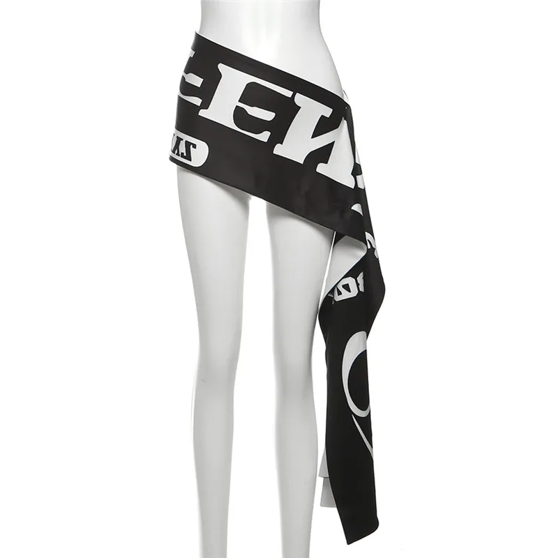 Weird Puss Stylish Letter Print Skirt Women Irregular Ribbon Color Blocking Hip-Hop Sashes Wild Mini Sexy Hottie Slim Streetwear