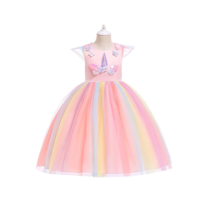 Girls Pink Unicorn Dress Rainbow Princess Costume For Girls Fancy Birthday Party Dress Halloween Perform Costume 3-10Years