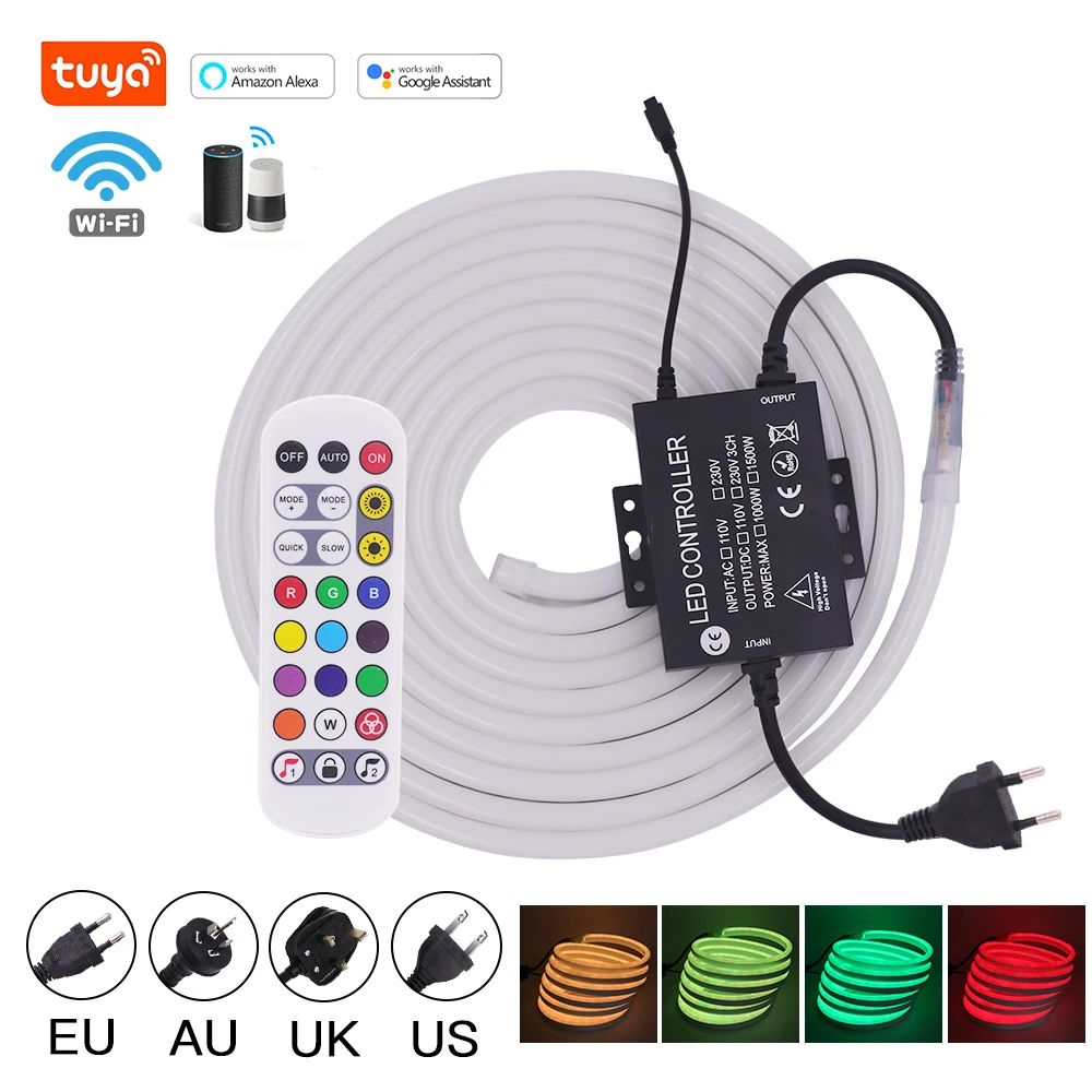 

Светодиодная неоновая лента RGB 220В с Wi-Fi, 5м/10м/20м, управление через приложение Tuya, пульт ДУ на 24 кнопки, комплект питания, 60 светодиодов, водонепроницаемая, для бара, вечеринок, освещения помещений