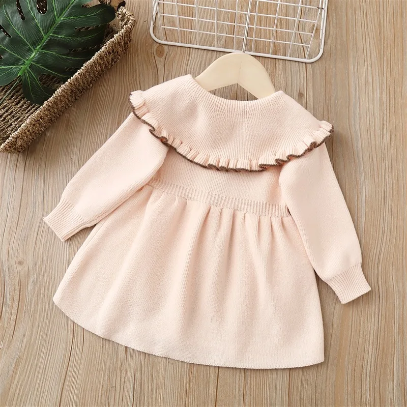 Girls'  Dresses Lapel Lace Children'S Knitting Dress  2022 Autumn And Winter New Sweet Girls Sweater Dress Baby Kids Clothing